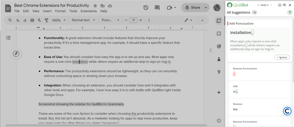 Screenshot for QuillBot as one of the 10 Best Chrome Extensions for Productivity