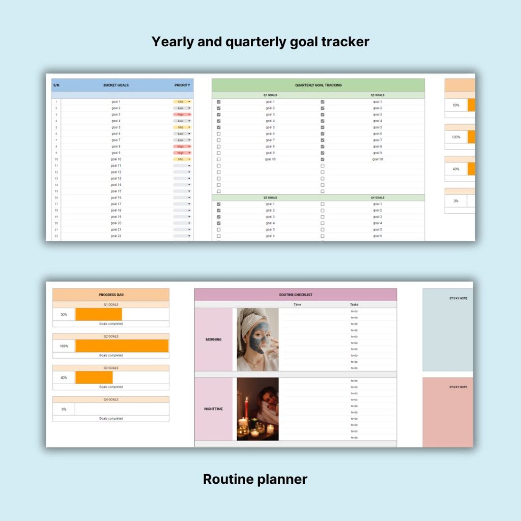 The goal tracker page of the All-In-One Life Planner Template Google Sheets