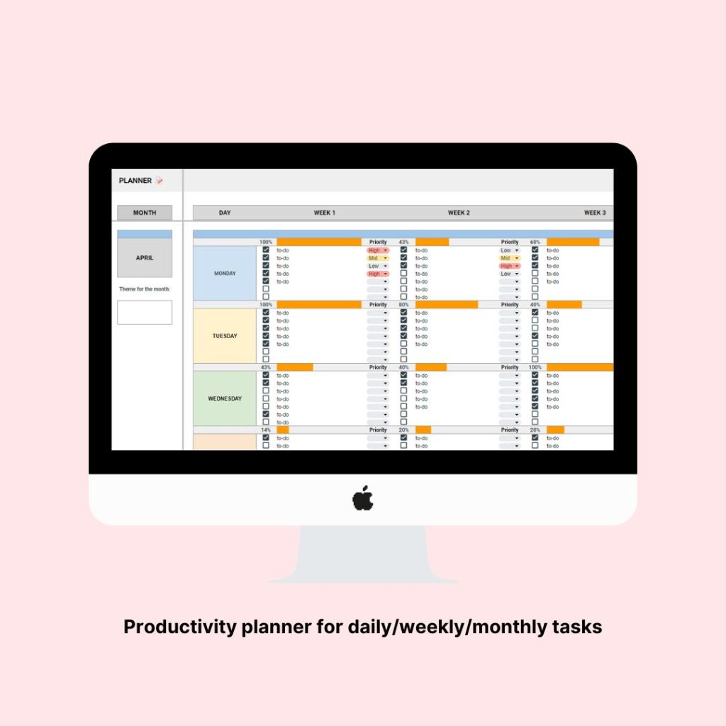 The productivity planner page of the All-In-One Life Planner Template Google Sheets