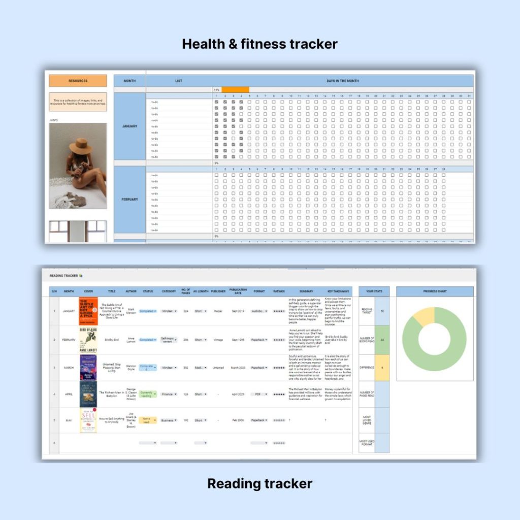 The health and fitness page of the All-In-One Life Planner Template Google Sheets