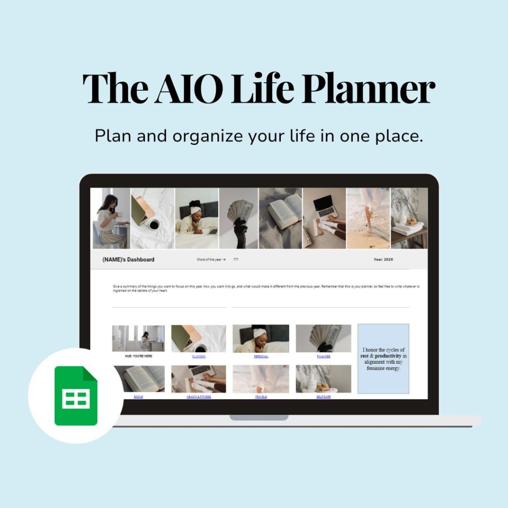 The hub page of the All-In-One Life Planner Template Google Sheets